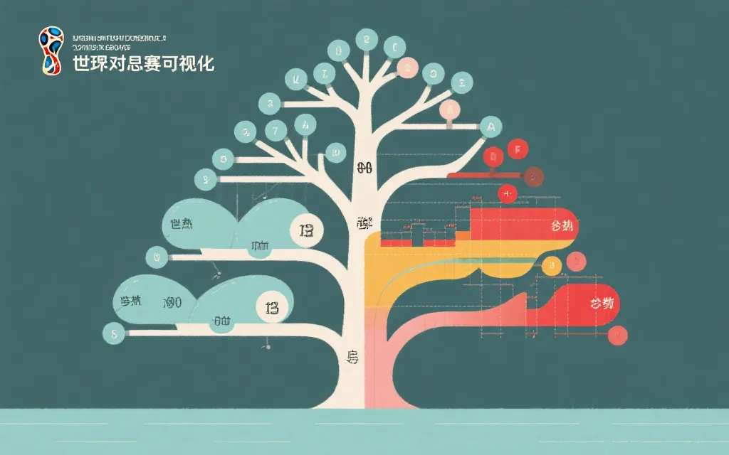 世界杯淘汰赛对阵树与概率热力图的概念插画