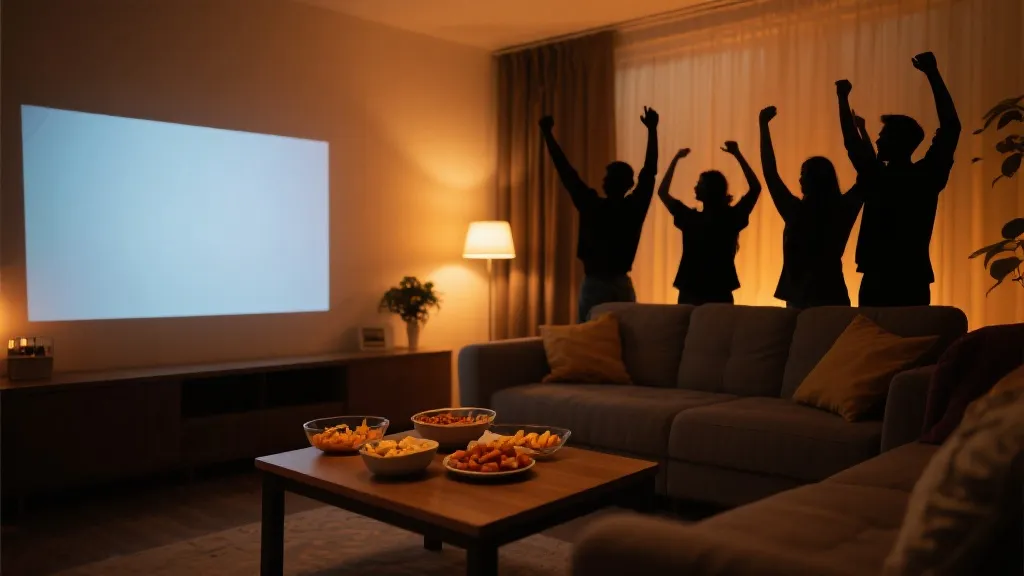 客厅投影观赛局布置：沙发、投影幕、零食与记分板氛围